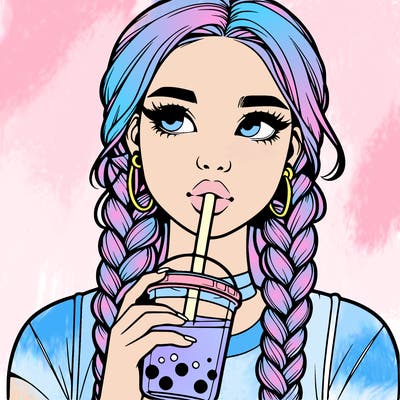 realistic girl with braided hair drinking boba