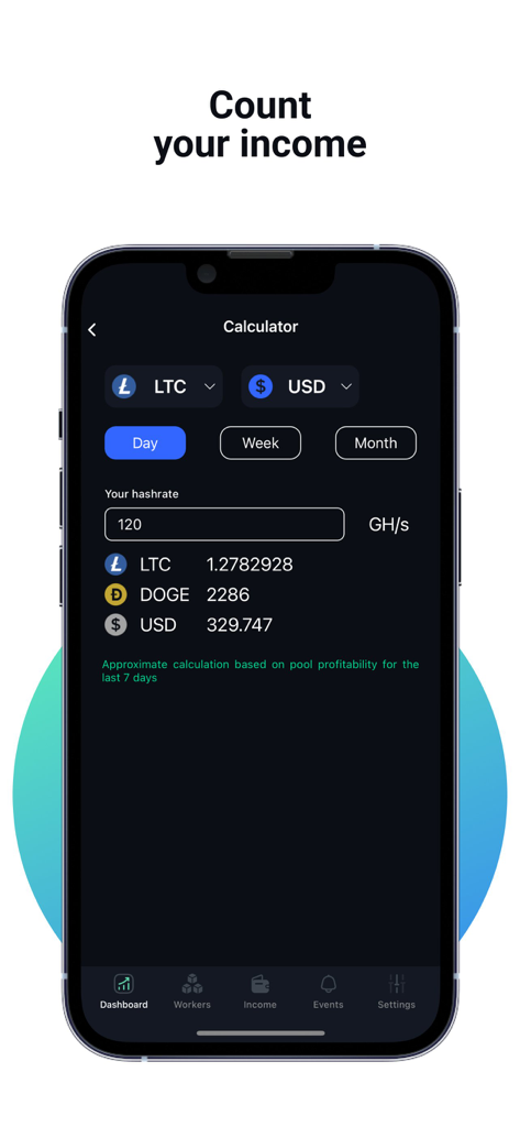 Trustpool: Crypto Mining Pool - Trustpool App Benutzeroberfläche zeigt einen Krypto-Mining-Einkommensrechner mit Hashrate-Eingabe und prognostizierten Verdiensten in LTC DOGE und USD.