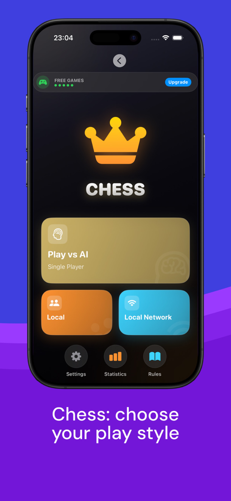 Chess & Checkers: Duo Games - Pantalla del menú principal de la aplicación Ajedrez y Damas Juegos Dúo mostrando opciones de juego para Ajedrez, incluyendo VS IA y juego local