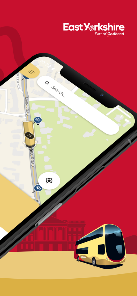 East Yorkshire Buses app interface showing a live bus tracking map on a smartphone screen.
