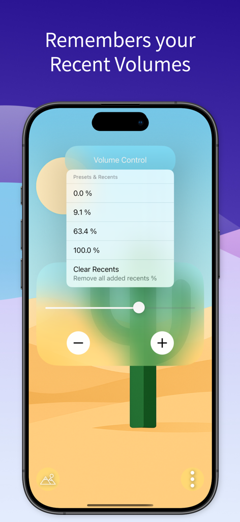 Volume Control - 최근 사용한 볼륨 백분율 메뉴와 정밀도 슬라이더를 보여주는 볼륨 제어 앱 스크린샷.