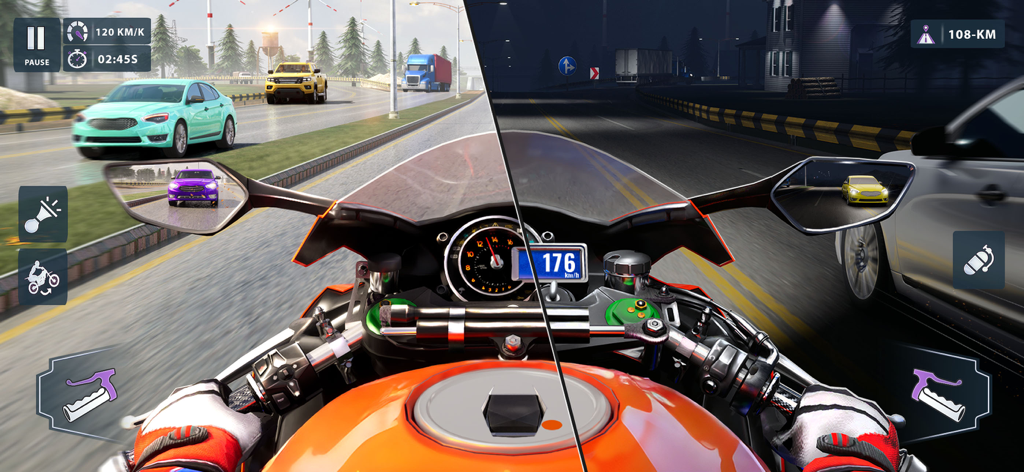Moto World Tour: Bike Racing - A split-screen first-person view of a motorcycle racing through traffic during day and night