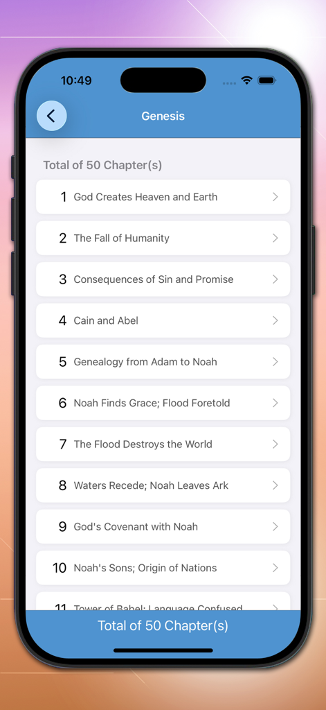 Bible-Simple Bible - Mobile screen showing a list of chapters for the book of Genesis with descriptive titles in the Simple Bible app.