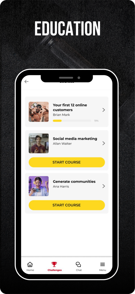 WEDO Transformations - Schermata di formazione dell'app mobile WEDO Transformations che presenta corsi di marketing e costruzione di community