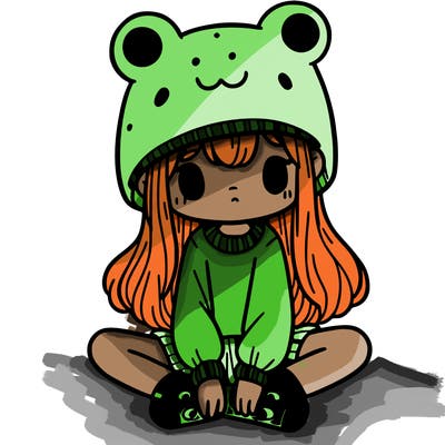 a girl wearing a frog hat and some frog socks