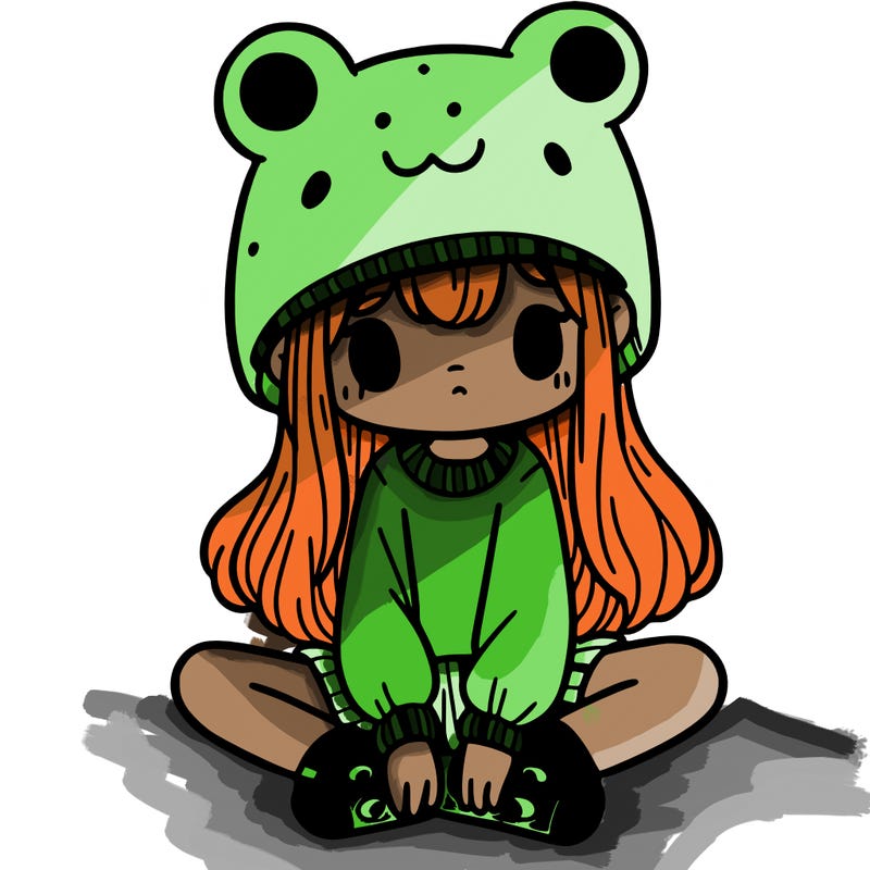 a girl wearing a frog hat and some frog socks