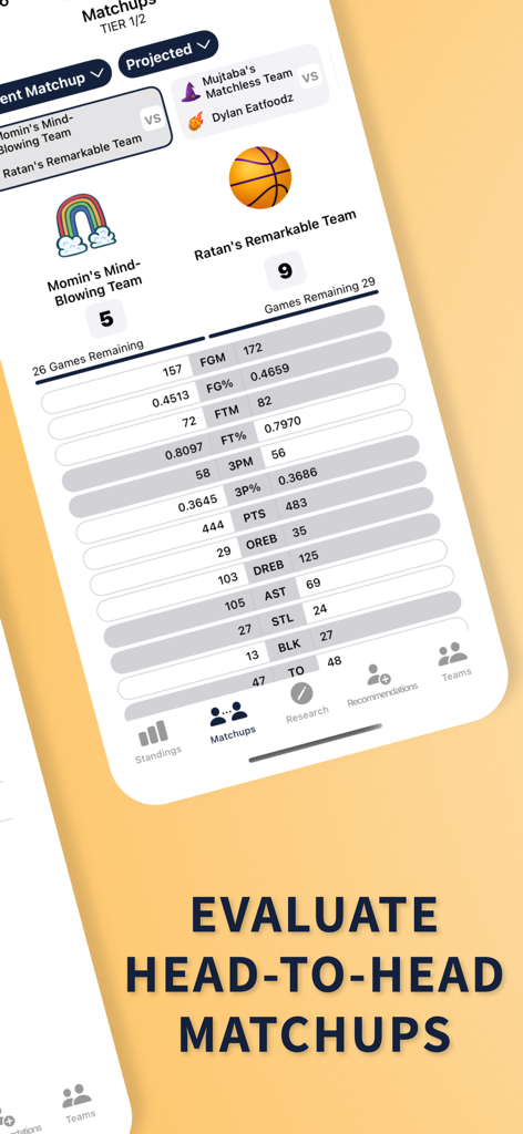 FantasyHoops AI - Tela de avaliação de confronto direto mostrando estatísticas projetadas de basquete para duas equipes de fantasia