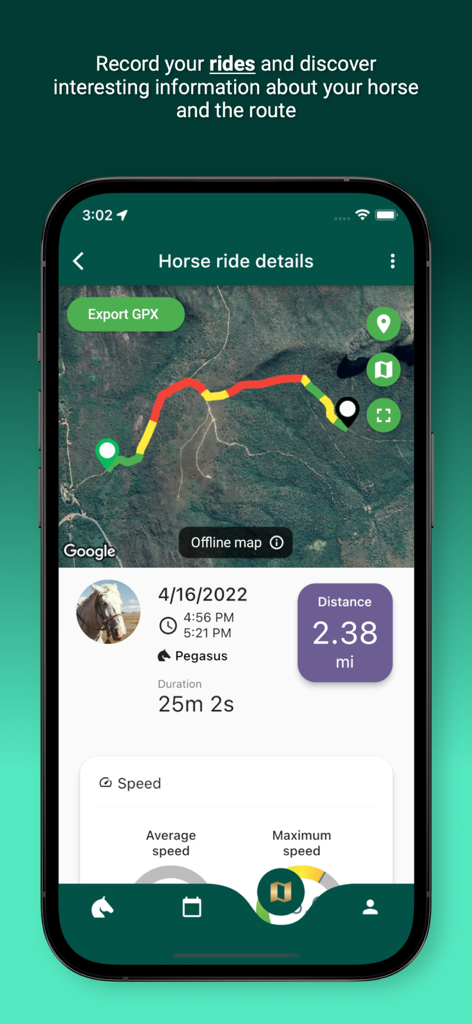 Horsefy - Mobile app interface of Horsefy showing a horse ride map with GPS route tracking distance duration and speed analytics