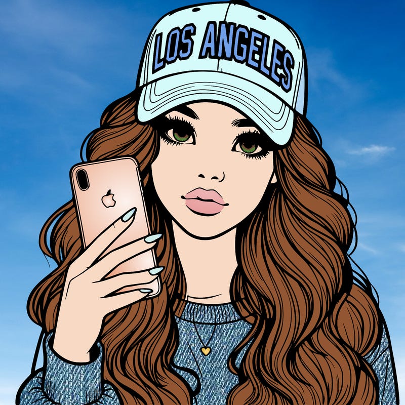 realistic beautiful girl wearing los ángeles cap holding an iphone