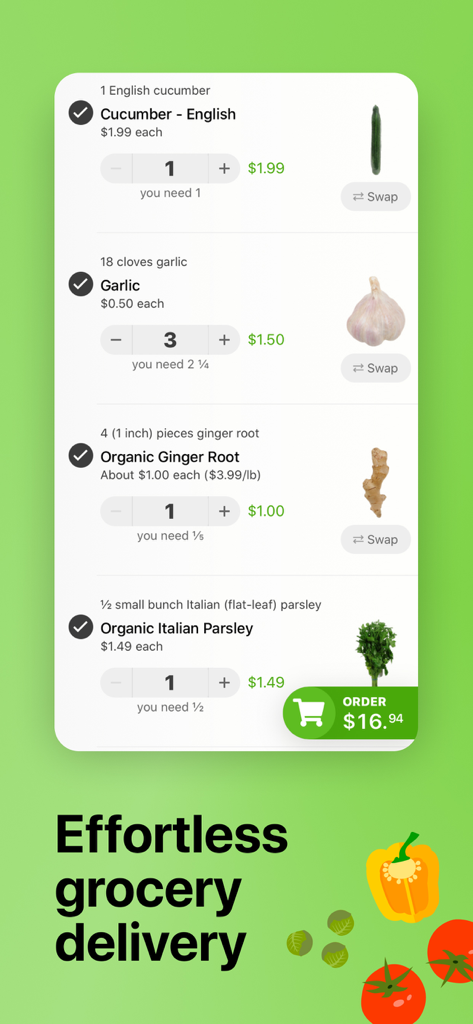 Die Mealime-App zeigt eine digitale Einkaufsliste mit Zutaten wie Gurke und Knoblauch, bereit für die Lieferung.