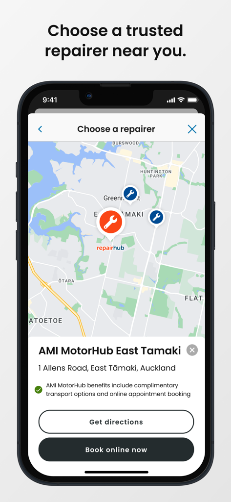 State - Map interface in the State insurance app showing locations of trusted vehicle repairers with options to get directions and book online.
