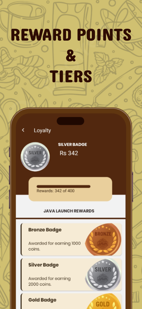 Java Lounge loyalty program screen displaying reward points and badge tiers