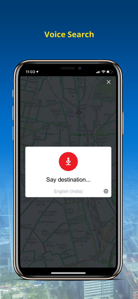 NaviMaps: 3D GPS Navigation - NaviMaps app interface showing the voice search feature for hands free navigation in India