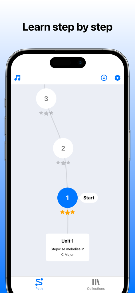 Ella: Sight Singing & Reading - Interfaz móvil de la aplicación Ella que muestra una ruta de aprendizaje musical paso a paso para principiantes