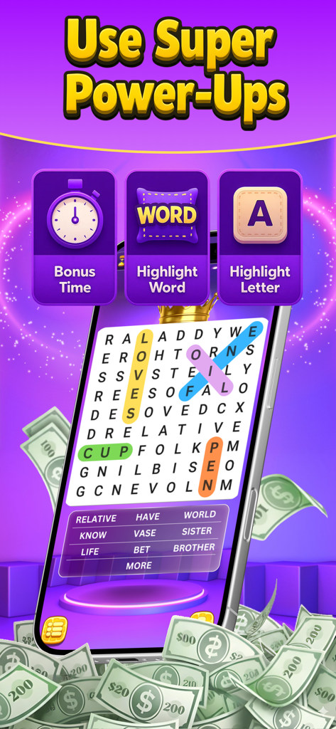 Mobile game screenshot showing super power ups like bonus time and word highlights for a word search puzzle with cash rewards