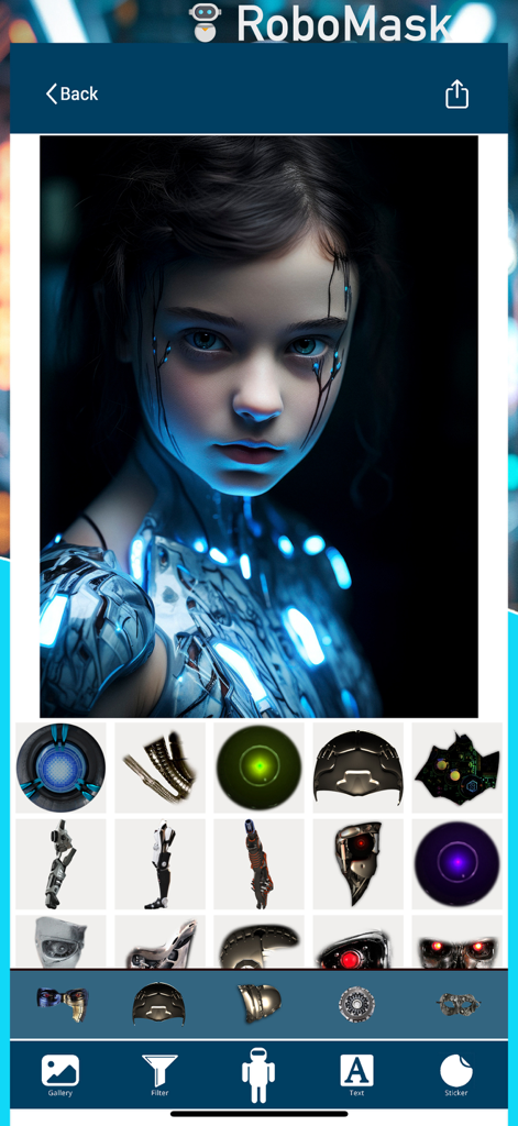 RoboMask : Ai CyberFace Camera - Interfaz de la aplicación RoboMask mostrando a una chica con un filtro de cyborg futurista y una colección de stickers robóticos