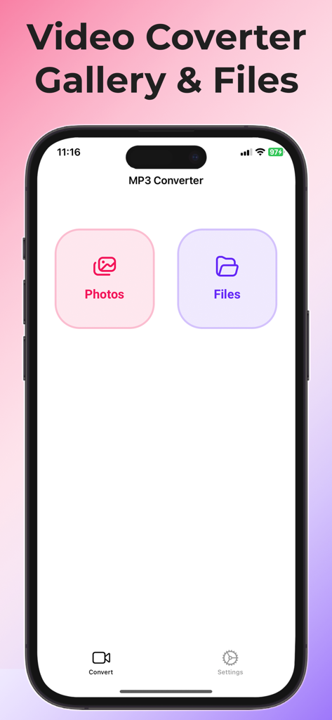 MP3 Converter Video to Mp3 - 사진 또는 파일을 선택하여 변환할 수 있는 옵션이 있는 MP3 변환기 앱의 인터페이스
