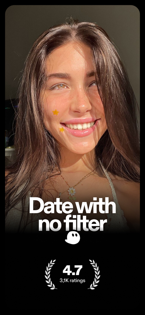 Smiling young woman on the Ghosted dating app screen with text Date with no filter and a 4.7 rating.