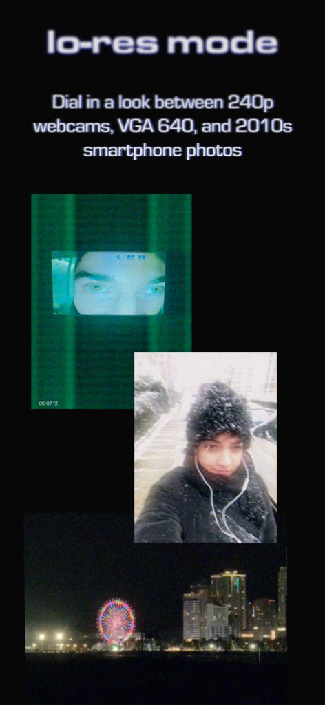 CoreCam - CoreCam app screen displaying lo-res mode options with grainy vintage digital camera photo examples
