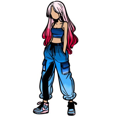 girl in baggy pants crop top and long hair