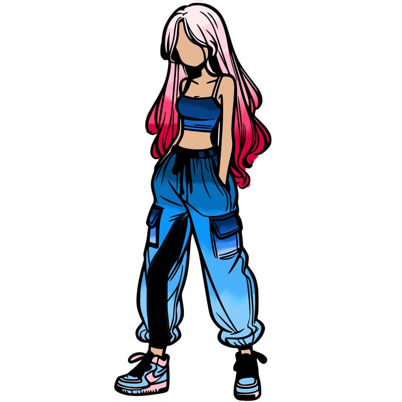 girl in baggy pants crop top and long hair