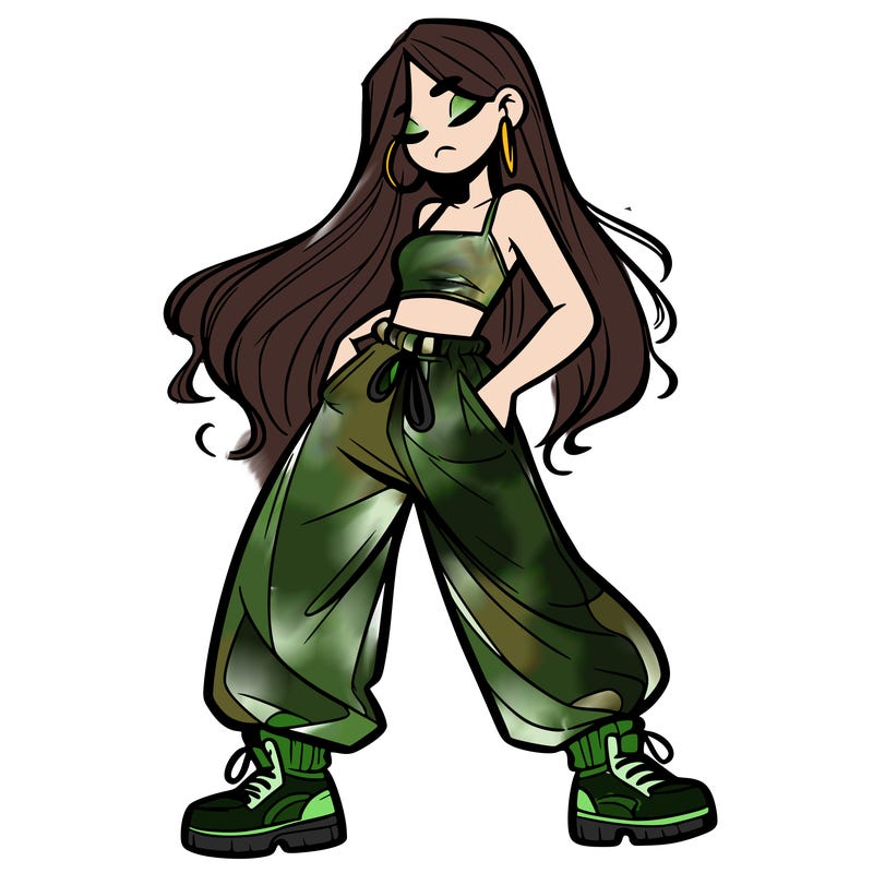 girl in baggy pants crop top and long hair