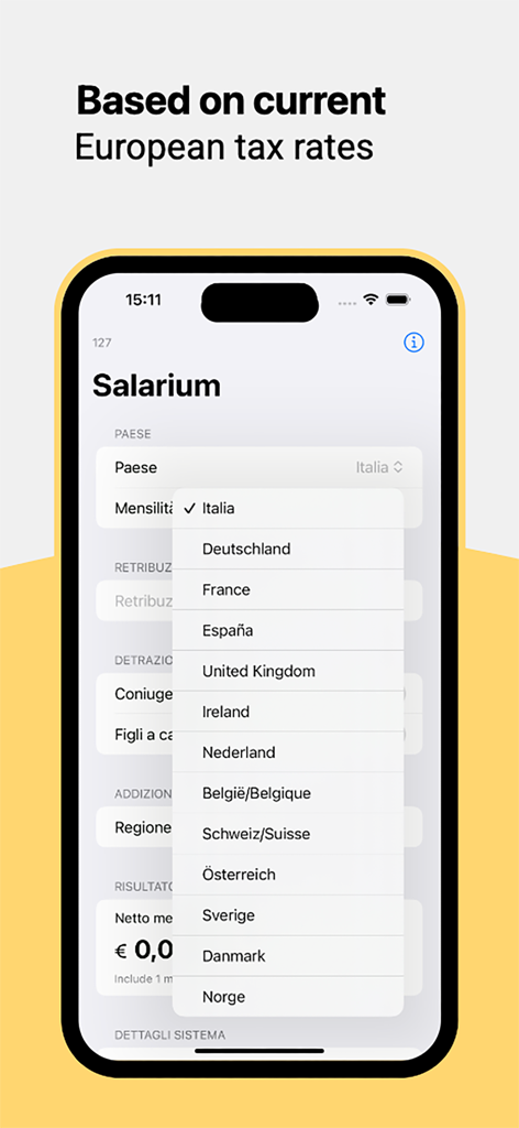 Salarium - Interfaccia dell'app mobile Salarium che mostra una selezione di paesi europei supportati per il calcolo dello stipendio da lordo a netto