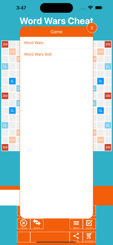 Word Wars Solver - A game selection menu in the Word Wars Solver app showing options for Word Wars and Word Wars 9x9 over a game board background