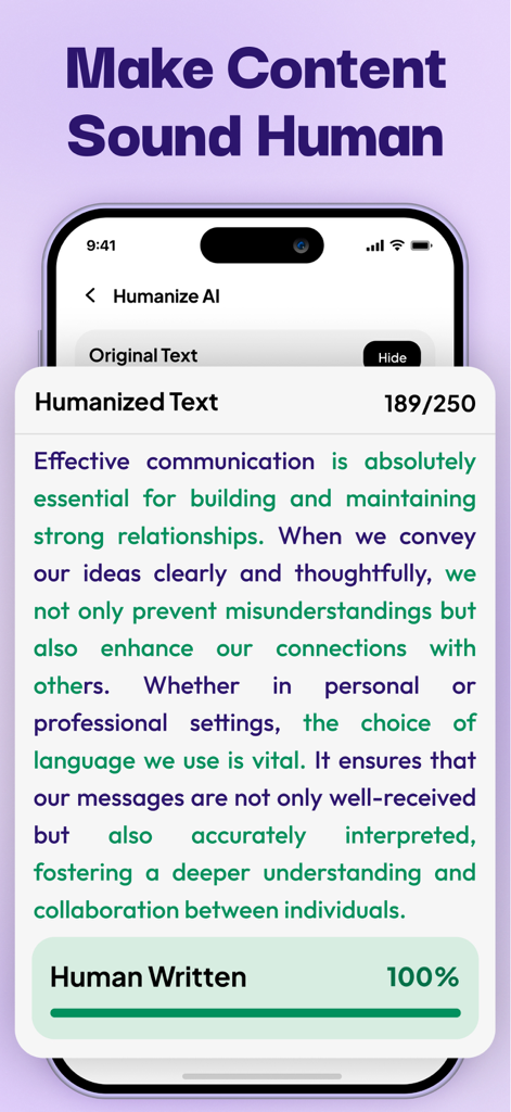 A screenshot of the Humanize AI app showing converted text with a 100 percent human written score