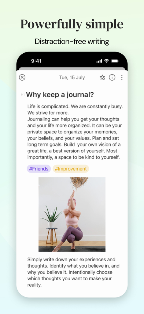 Diarly: Diary, Private Journal - Minimalist journal entry in the Diarly app featuring a reflection on personal growth and a photo of a yoga pose.