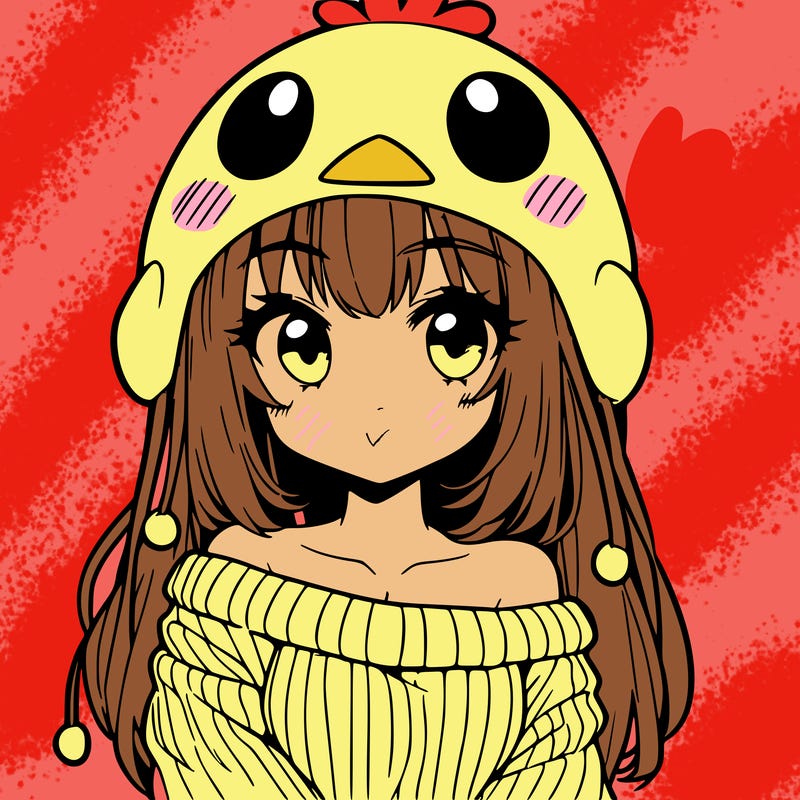 anime girl with chick shaped hat with sweater with bare shoulders with bangs covering them one eye with low tail