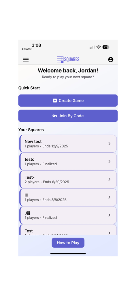 Home screen of the My Squares app featuring options to create or join football squares games and a list of active pools