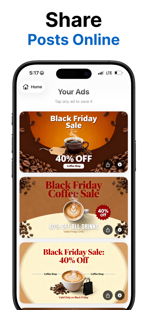 Die App-Oberfläche zeigt mehrere KI-generierte Black Friday-Verkaufsanzeigen für ein Café an.