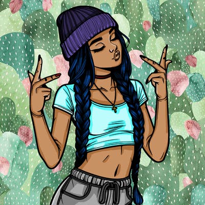 realistic teenage girl with braids and a beanie and crop top doing 🫶🏼