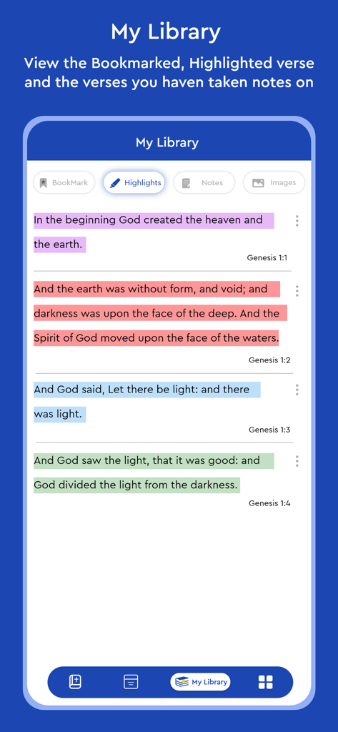 New Jerusalem Bible - NJB - The My Library section of the New Jerusalem Bible app displaying a list of color-coded highlighted verses.