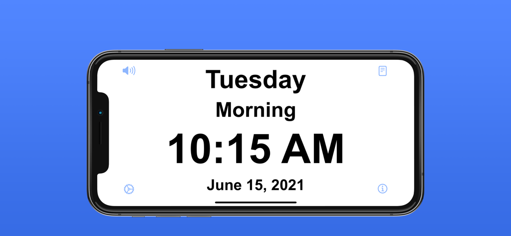 ShowTime Simple Clock Display - Large digital clock display on an iPhone showing Tuesday morning 10:15 AM with high contrast white background.