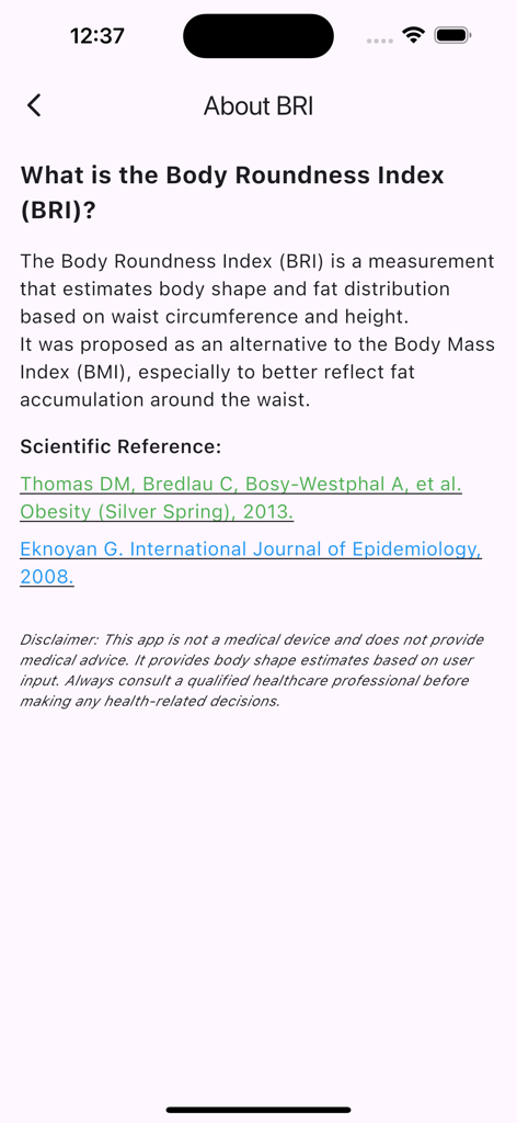 Information screen explaining Body Roundness Index BRI and its scientific references.