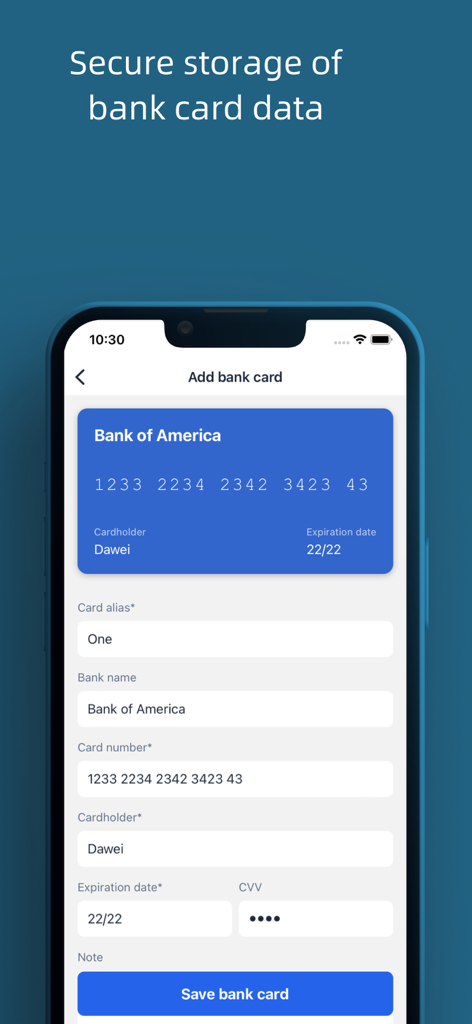 PasswordSafe -Password Manager - Screenshot of PasswordSafe app interface for secure storage of bank card details