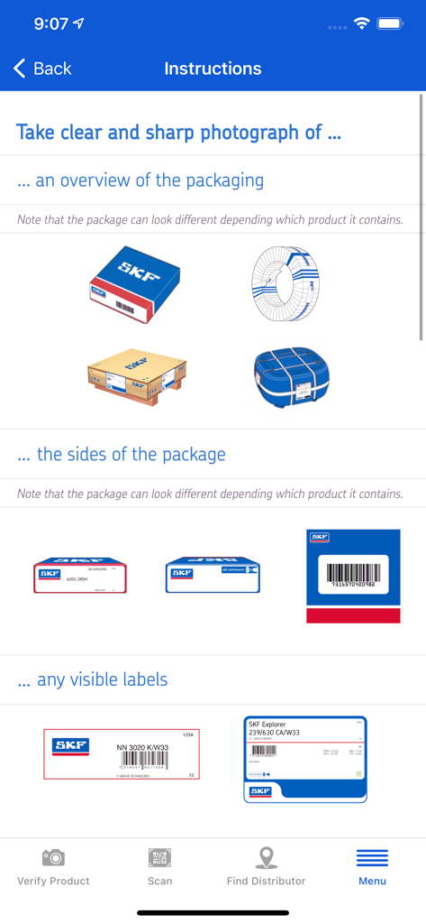 Instrucciones de la aplicación SKF Authenticate que muestran cómo fotografiar el embalaje y las etiquetas del producto para su verificación.