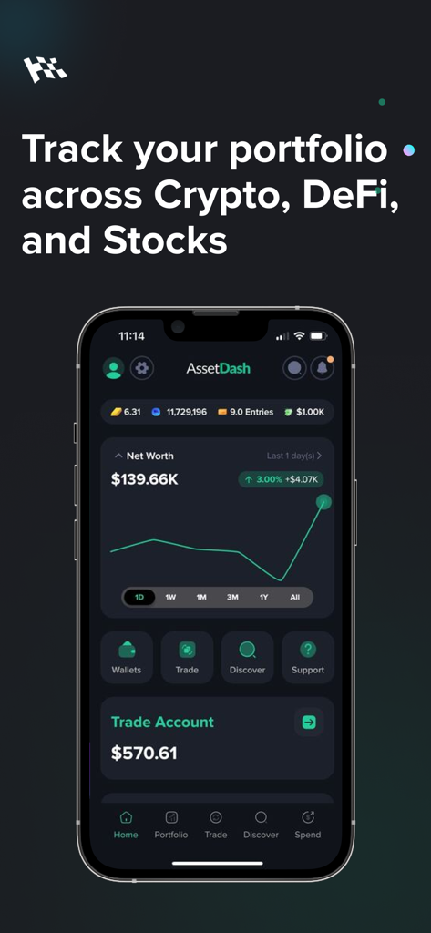 AssetDash: Portfolio Tracker - AssetDash mobile app dashboard on an iPhone displaying total net worth and portfolio growth across crypto and stocks.