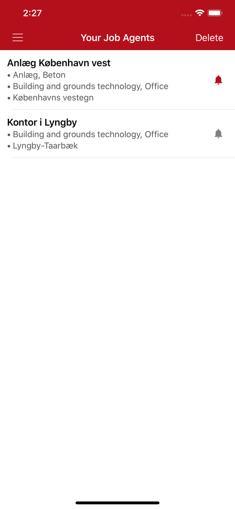 Jobindex: Søg job og arbejde - Screenshot of the Jobindex app showing a list of saved job agents for specific job categories and locations in Denmark.