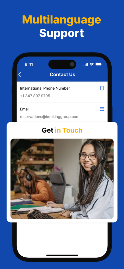 Página de contacto de la aplicación EconomyBookings mostrando atención al cliente multilingüe