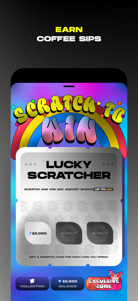 행운의 스크래치 카드와 함께 추첨 기능이 표시된 Fr. App 인터페이스