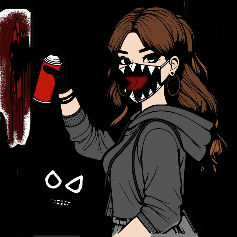 realistic girl with mask spray painting a wall