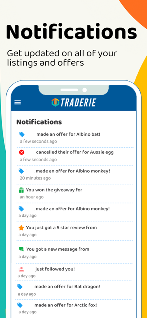 Um smartphone exibindo a aba de notificações no aplicativo Traderie com atualizações em tempo real sobre ofertas de negociação e avaliações.