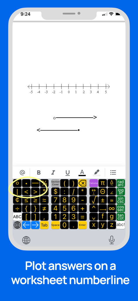 A screenshot of the ArithmeType app showing a specialized keyboard for plotting math answers on a number line