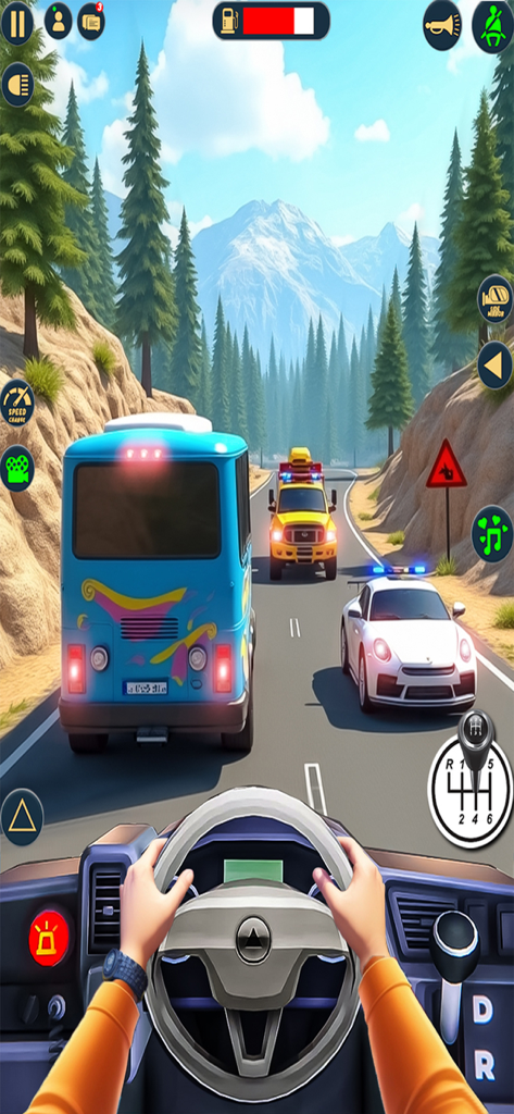 Bus Vehicle Master Driving - Visão do painel em primeira pessoa de dirigir um ônibus em uma estrada de montanha em um jogo simulador