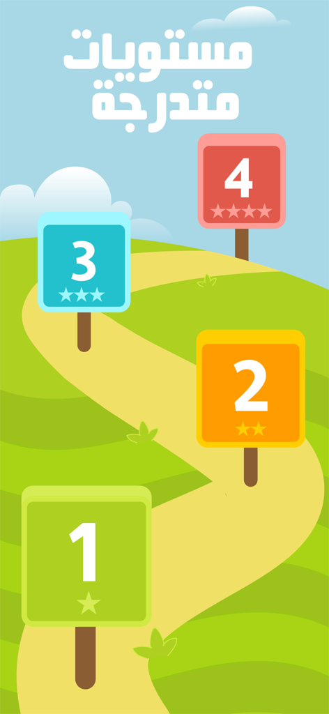 3asafeer School: Learn Arabic - A gamified path showing four progressive levels for kids learning Arabic.