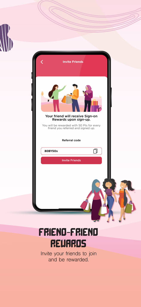 Schermata dei premi di riferimento dell'app MYSOGO per il programma 'Amico-Amico' che mostra un codice di riferimento e un pulsante di invito