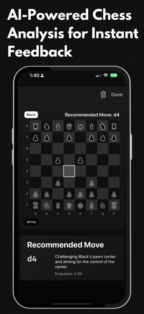 Chess Analysis: Chess AI - Aplicación de ajedrez potenciada por IA que muestra un movimiento recomendado y explicación estratégica
